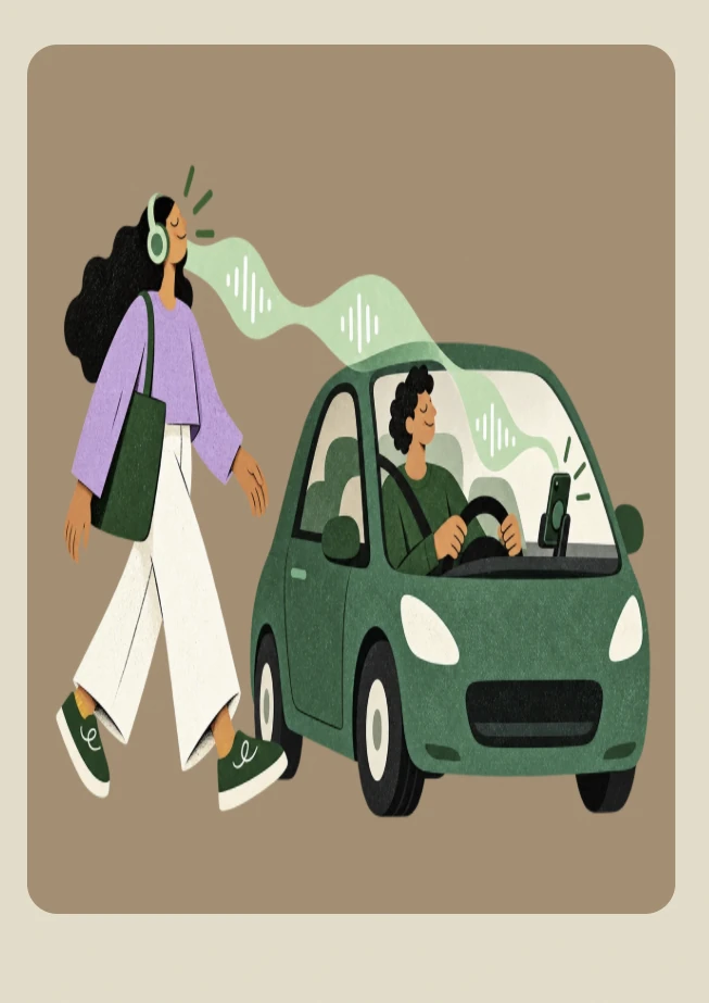 A person listening to Aura beside a car
