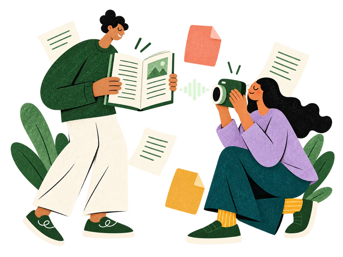Two people importing printed and photographed text