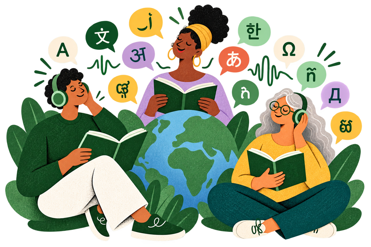 Readers surrounded by language symbols