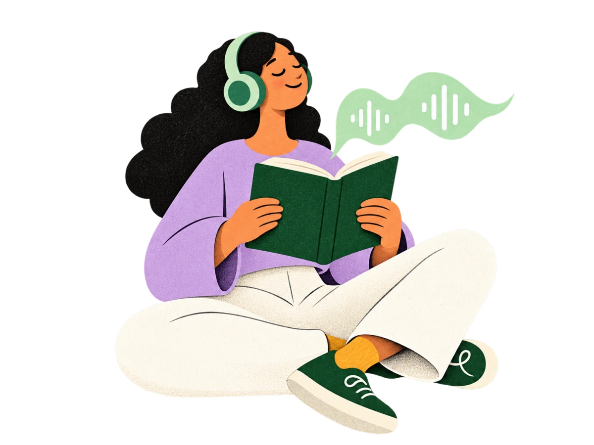A reader listening with headphones while following a book