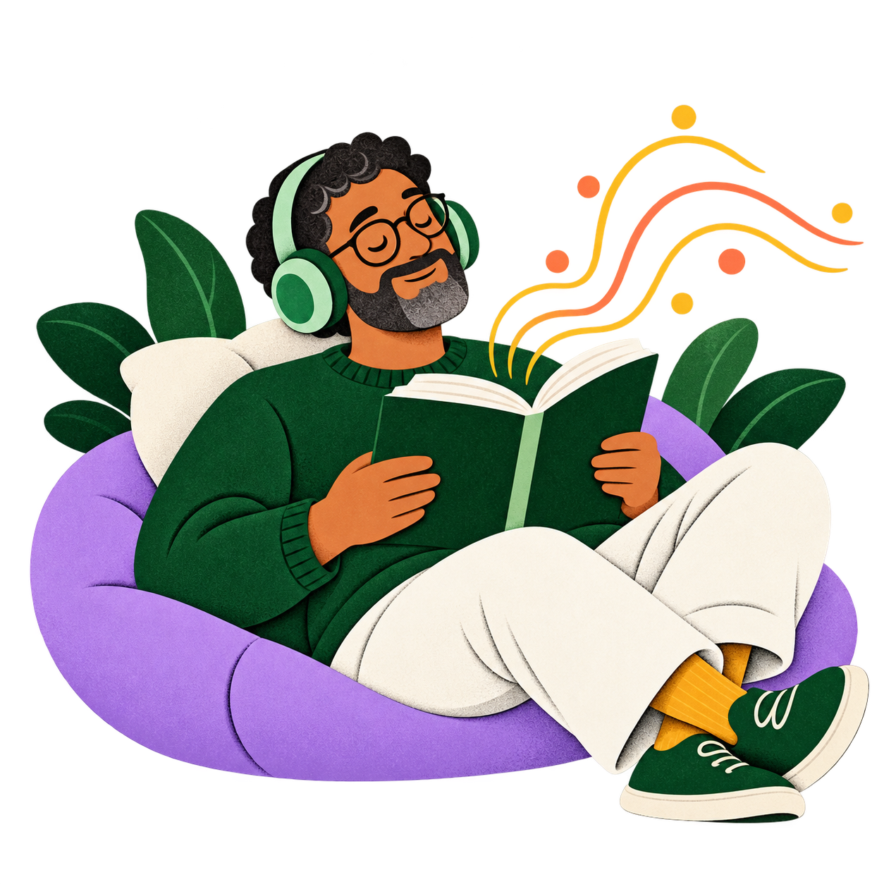 A relaxed reader listening to a book with headphones