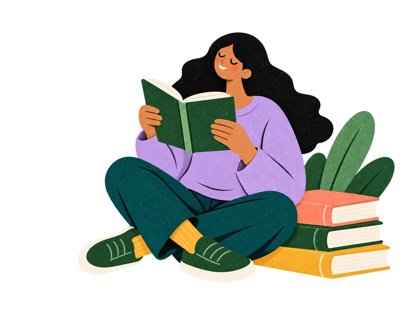 A reader enjoying a book beside a stack of books